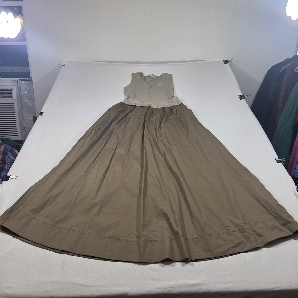Taylor Cream Knit Bodice Olive Green Full Maxi Skirt Dress Vneck Pockets Pleated - Picture 11 of 12